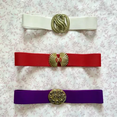 Vintage Cream Elastic Belt with Brass Wrap Buckle Gold