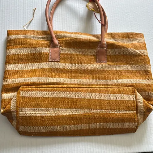 Striped Cream and Golden Orange Women's Woven Straw Bag with Tassel Design Tan