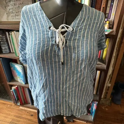 Rails blue & white striped linen blend lace up slouchy blouse