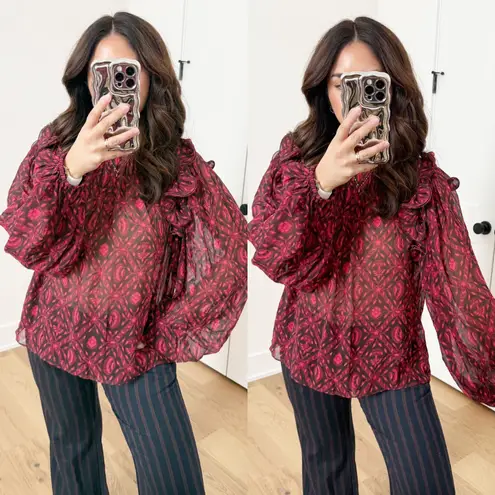 Ulla Johnson Medine Red Patterned Ruffle Silk Blouse US 6