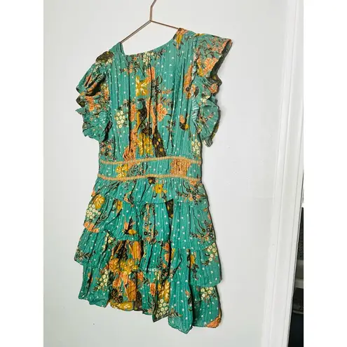Ulla Johnson Marni Green Floral Ruffle Sleeves Tie Hourglass Mini Dress Size 14