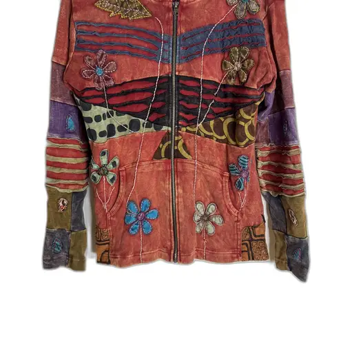 Rising International Jacket Womens Large Red Boho Floral Patchwork Zip Hoodie