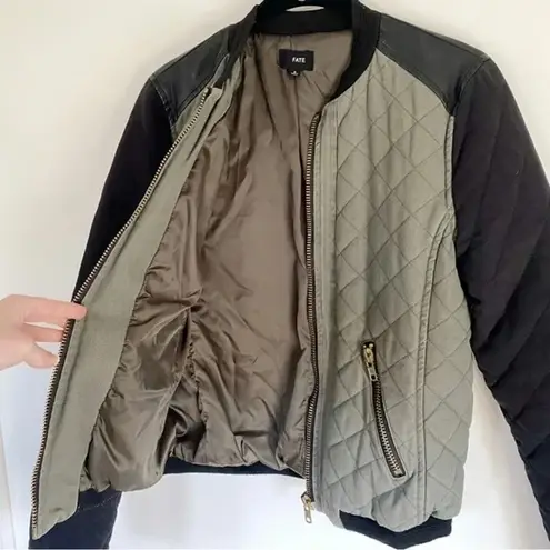 FATE. Contrast Sleeve Quilted Bomber Jacket Olive Green/Black Size S
