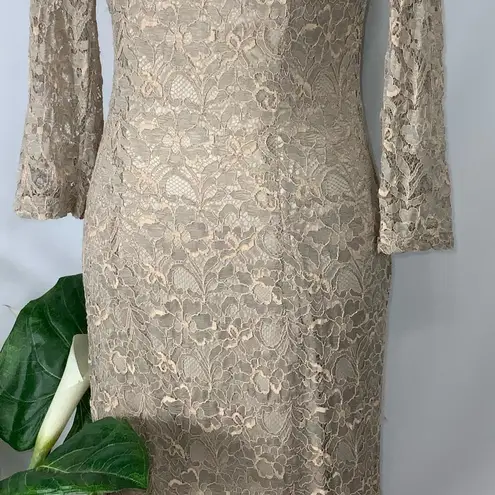 London Times Golden Tan Lace Overlay Midi Dress Rosegold Rhinestone Neck Size 4