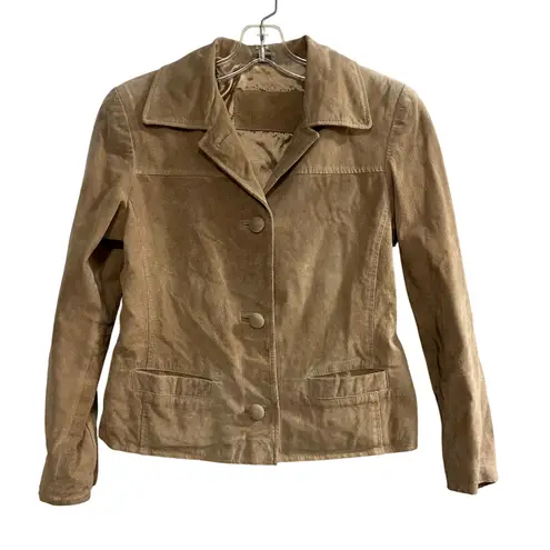 Jacqueline Ferrar Suede Leather Jacket Tan Petite Small Button Front Pockets