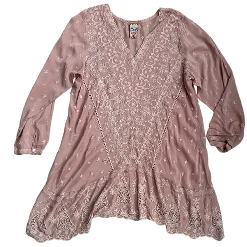 Johnny Was Plus V-Neck Embroidered Tab Sleeve Midi Dress Dusty Rose Size 2X