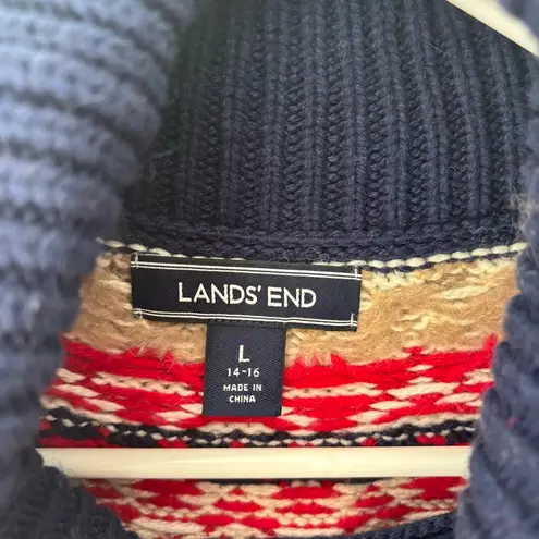 Lands’ End Ski Fair Isle Turtle Neck Sweater Wool Alpaca Cabin Fisherman Holiday Blue Size L