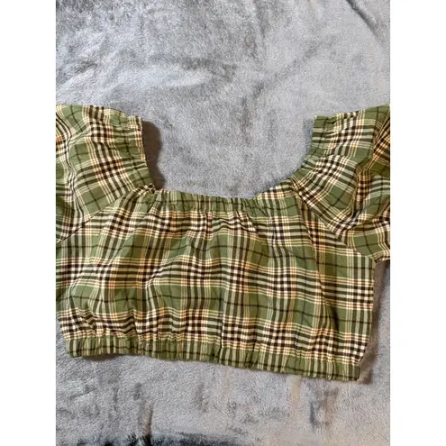 NWOT Lena Size Medium Women Balloon Puff Sleeve Short Sleeve Plaid Crop Top Green