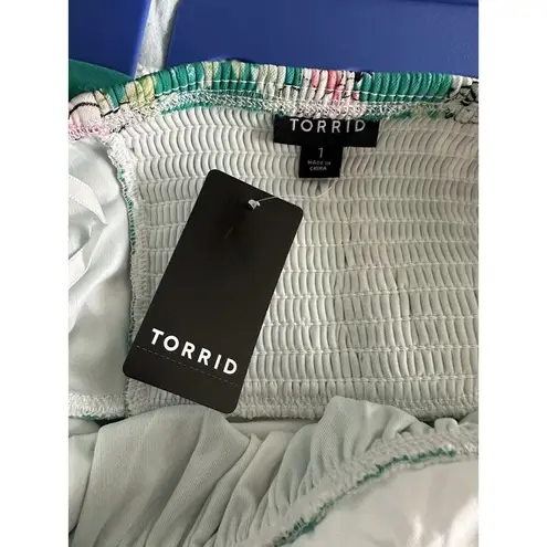 Torrid New  Plus Green Floral Mesh Strapless Twisted Babydoll Tunic Top Size 1