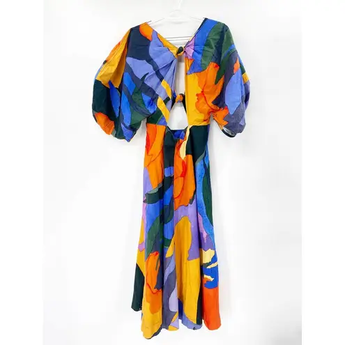 Mara Hoffman Leila Multicolor Abstract Print Plunge Puff Sleeve Cotton Dress 6