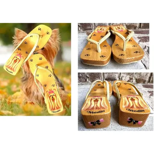 Woodies Yorkie Sandals Size 6 Heels Paw Print Throngs Long Hair Dog Pet READ Tan