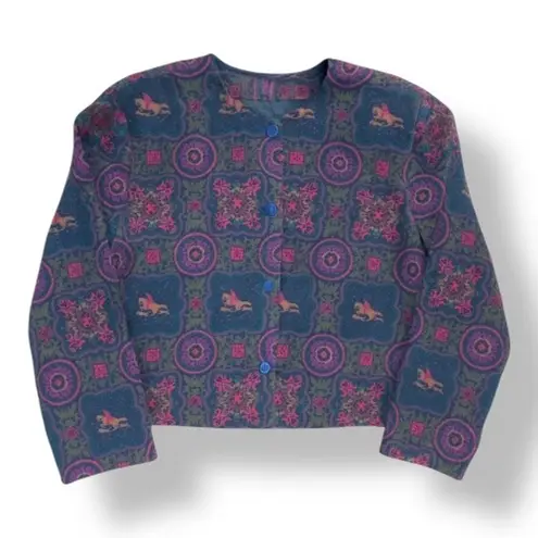 Vintage 90s Karen Scott Collections Navy Blue Equestrian Horse Bit Print Jacket Size 18