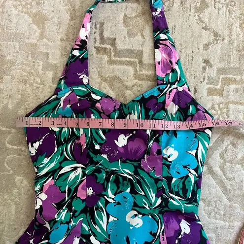 Vintage 80s 90s Floral Halter Mini Dress XS