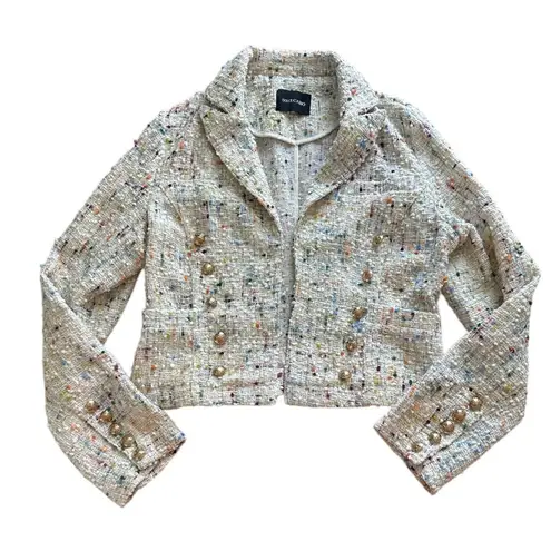 Dolce Cabo Womens Double Breasted Tweed Cropped Multi Blazer Gold Buttons Small