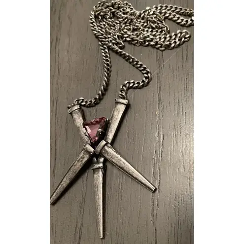 Janis Savitt Flat Link Chain Drop Necklace Emerald Cut Pink Glass Stone 17” Silver