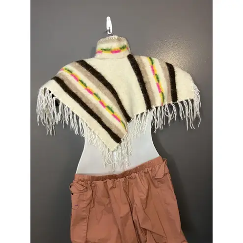Handmade Vintage Wool Poncho Womens Small Southwestern Striped Fringed Collar 80s