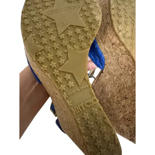 Jimmy Choo Women's Pela Blue Python Leather Cork Wedge Sandals size 38