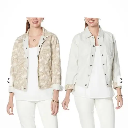 Colleen Lopez Reversible Beige Tan Denim Palm leaf Jacket with Snaps Size XS New