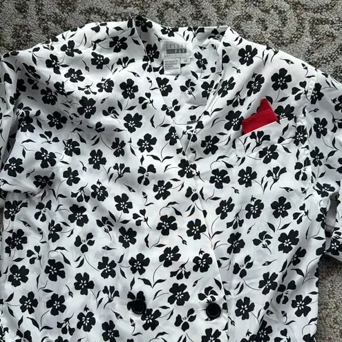 Leslie Fay Floral Wrap Top White Black 14