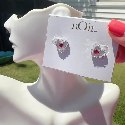 Noir silver tone crystal hearts mini studs red heart earrings