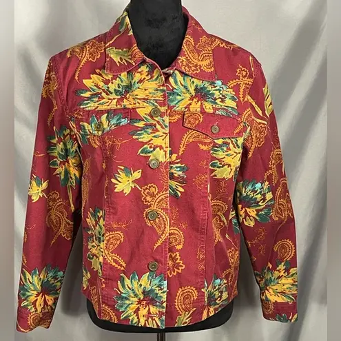 Coldwater Creek Women’s Red Floral Bead Jean Jacket Floral Collar Button Med