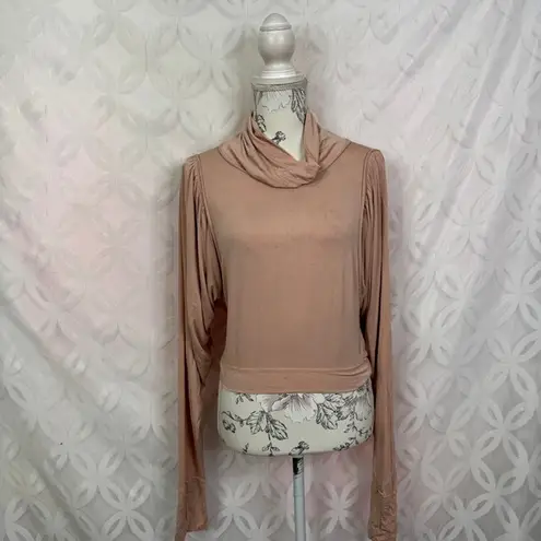FP Movement Free People Beige Cowl Neck Long Sleeve Open Back Twist Crop Top NWT Tan Size L