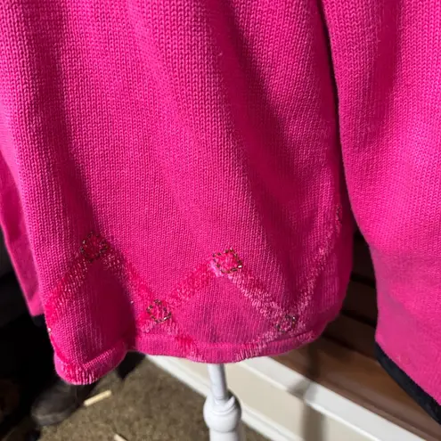 Jack B Quick Hot Pink Argyle Cardigan Sweater Beaded Purse Buttons Fun Artsy Size L