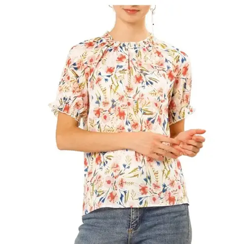 Allegra K Floral Ruffled Neck Short Sleeve Top Blouse, Size S