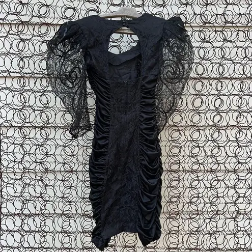 80s Mayvens of California Black Ruched Bodycon Dress Sheer Sequin Puff Sleeve 3