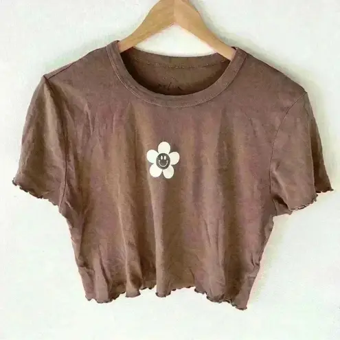 PS/LA Sz L Womens Baby Tee Brown Happy Smiley Flower Crop Ruffle Hem 90s Y2K Size L