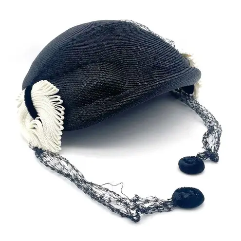 Vintage 50s Tilt Hat Black & Cream Straw Close Style Fascinator Black Mesh Veil