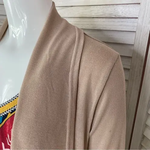 Boho Fringe Hem Waterfall Cardigan Knit Khaki Tan Small Open Front Long Sleeve