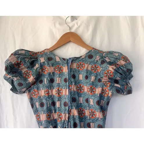 Puff Sleeve Geometric Maxi Dress Women Size Small Sundrenched Boho Smocked Waist Blue