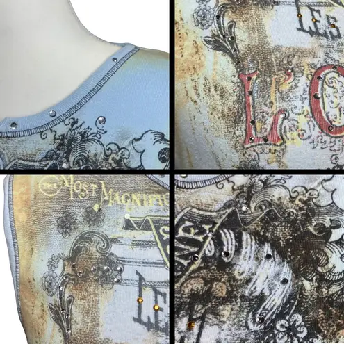 Vintage Y2K Blue Tan Rhinestone Graphic Tank 100% Cotton. Large. Western Artsy