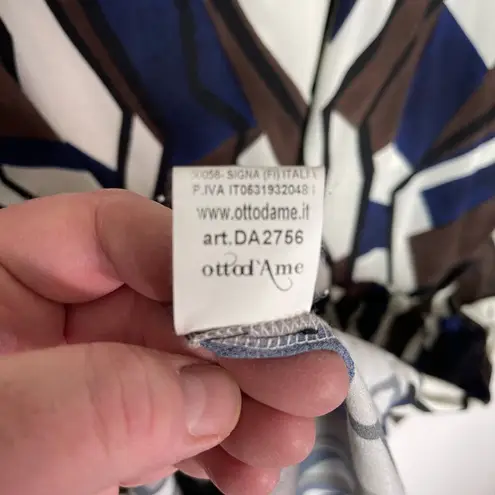 OTTOD’AME Women’s Abstrast Blue Print Cinched Waist Shirt Dress Size 4