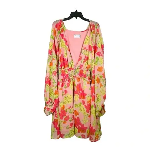 ASOS Curve Floral Soft Shirred Waist Mini Dress Peach Floral Women Plus Size 26 Pink