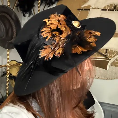 Vintage Black Feather Embellished Wide Brim Hat Small