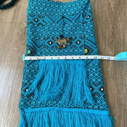 Blue Knit Crossbody Purse boho hippie festival bag elephant charm beads fringe