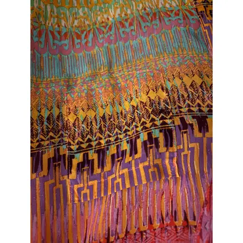 AB Studio Women's XL Geometric Print V Neck Tunic Blouse Top Roll Tab Sleeves