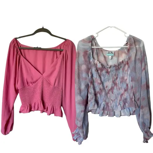 WAYF Target Pink Smocked Long Sleeve V Neck Crop Top Blouse large