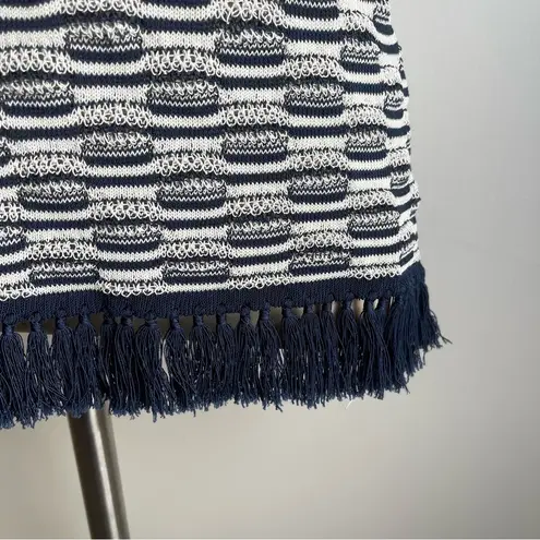 Minnie Rose Knit Linen Blend Navy White Tank Top w Fringe Size XS