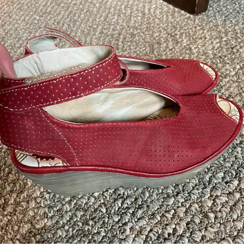 Fly London Yala perforated leather wedge peep-toe sandals in red 38