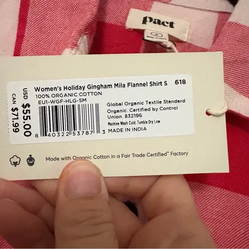 Pact Mila Flannel Shirt Women’s S Red Gingham 100% Organic Cotton NWT