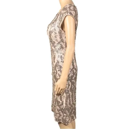 Sue Wong  Champagne sequined square neck sheath dress with stretch. Size 6. EUC