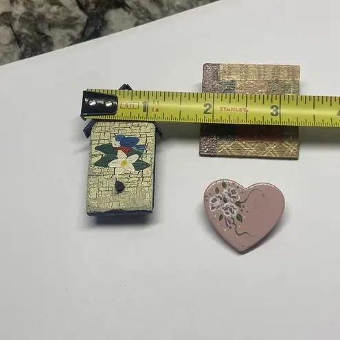 Lot Of 3 Handmade Hand Crafted Brooch Pins Painted Wood Birdhouse Heart Etc
