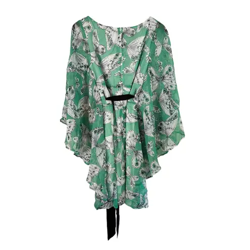 Smak Parlour Green Butterfly Print Tunic Top with Tie Size L Size L