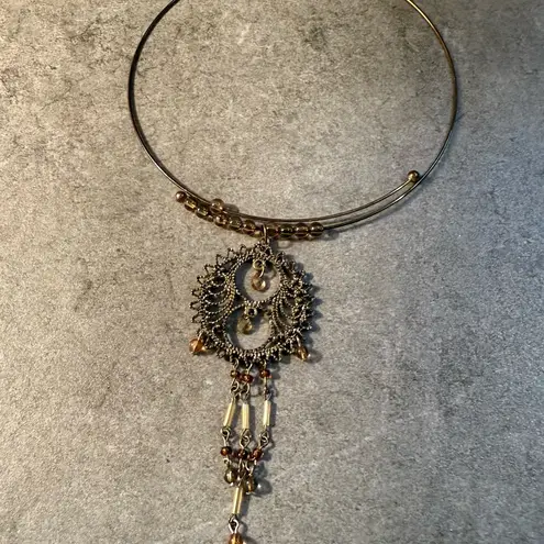 Large Ornate Circular Pendant WIRE CHOKER NECKLACE Bohemian Statement Piece Gold