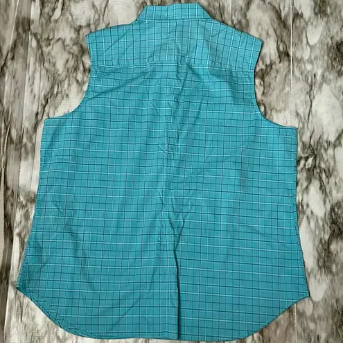 Lands' End Blue Plaid Button Down Sleeveless Lightweight Airy Crunchy Hiking Size 18