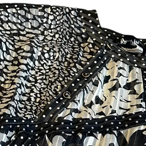 Diane Freis Georgette Black White Floral Dress Smocked Waist Asymmetrical Large