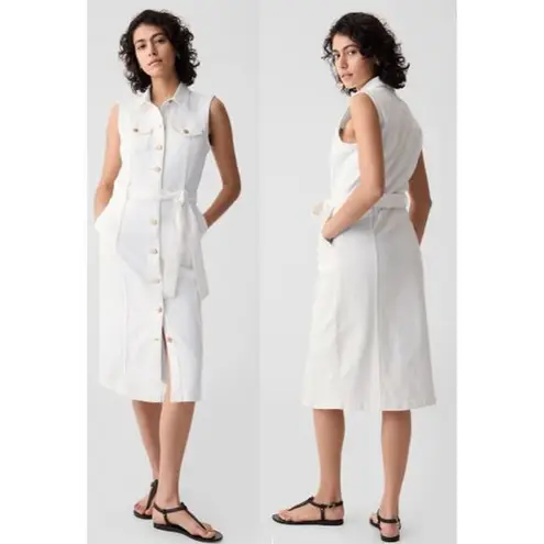 Gap  Cotton Sleeveless Collared Button Front Belted Denim Midi Dress White 2